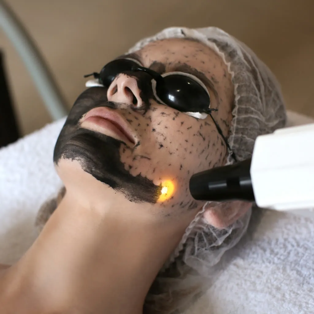 Disparo del láser Q-Switched sobre la mascarilla de carbón